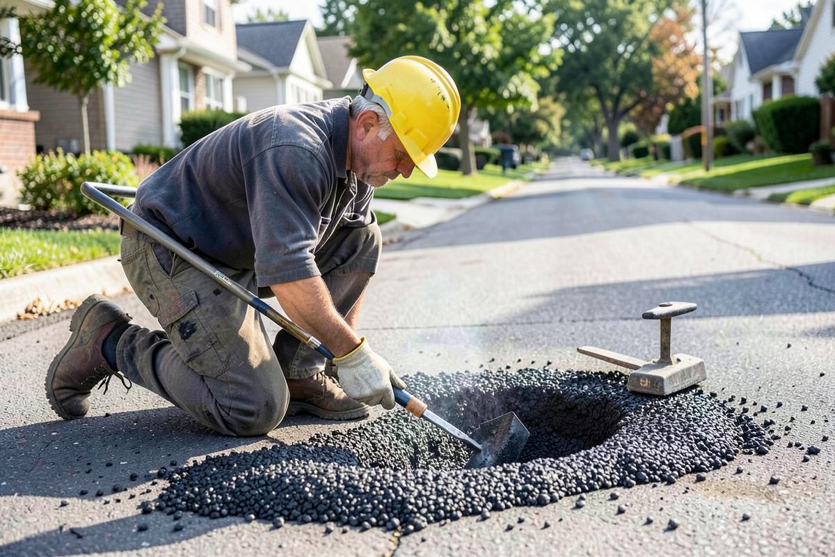 Technician performing asphalt repair on a residential street